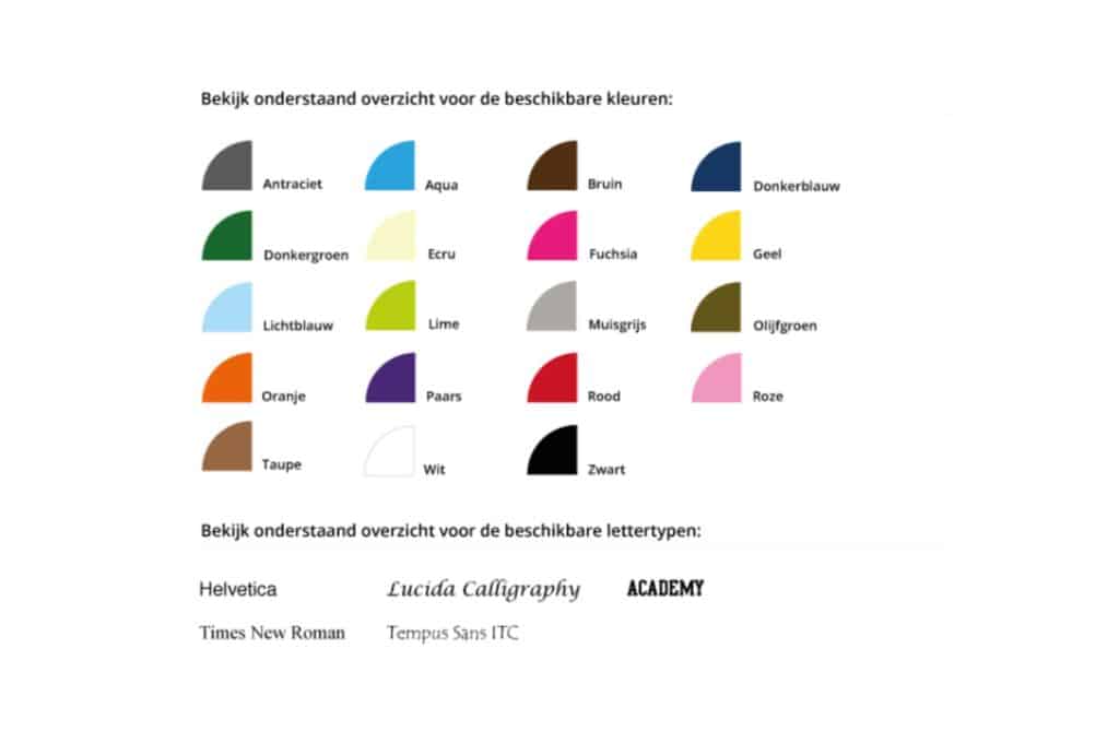 Beschikbare kleuren en lettertypen - Kidz Impulz